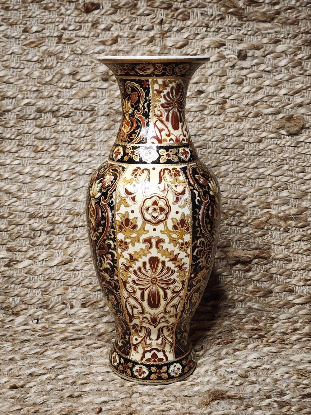 Vintage Chinese Hand Painted Cream Gold Red Damask Floral Porcelain Vase 12"